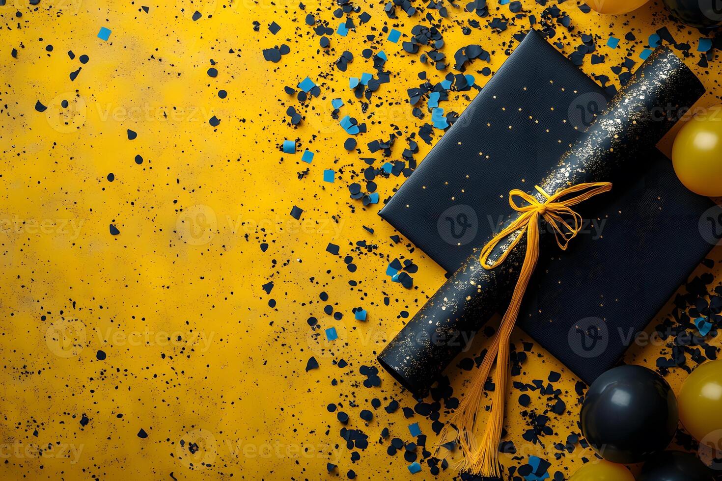 Black and Gold Gift Set with Festive Confetti on Yellow Background - Perfect for Celebrations and Parties photo