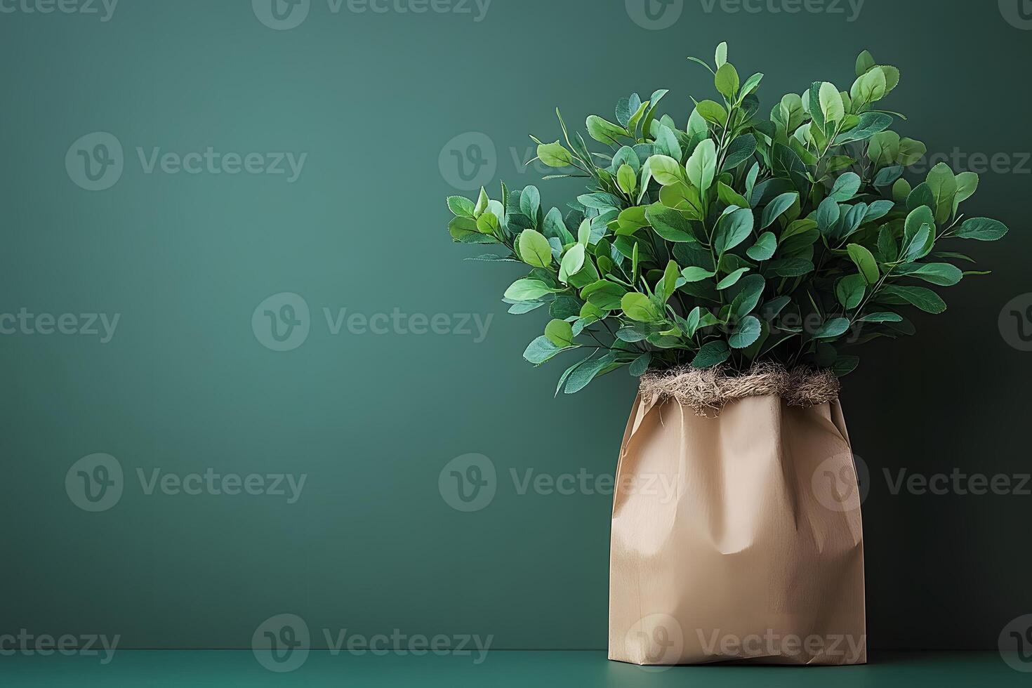 Lush Greenery in Brown Paper Bag Against Minimalist Green Background photo