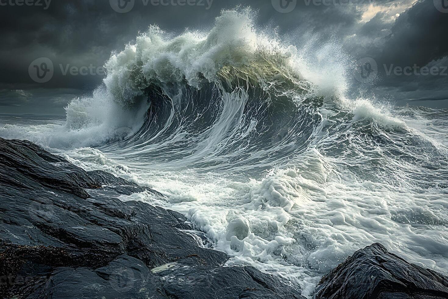 Dramatic Ocean Wave Crashing on Rocky Shoreline Amidst Stormy Skies photo