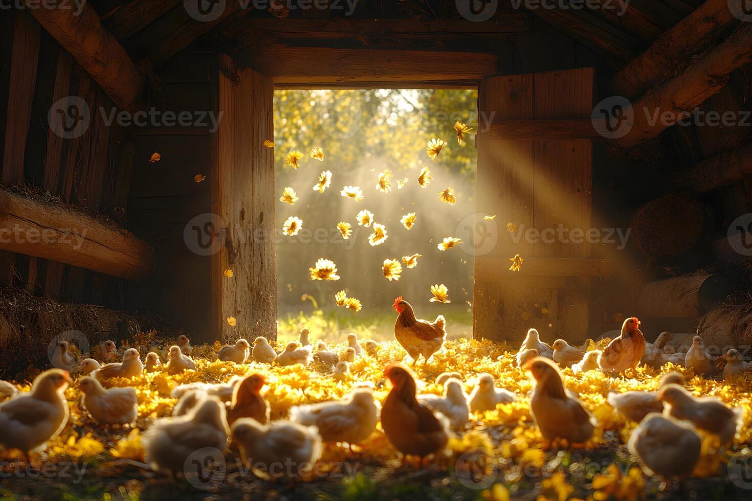 Rustic Chicken Coop in Golden Sunrise with Autumn Leaves photo
