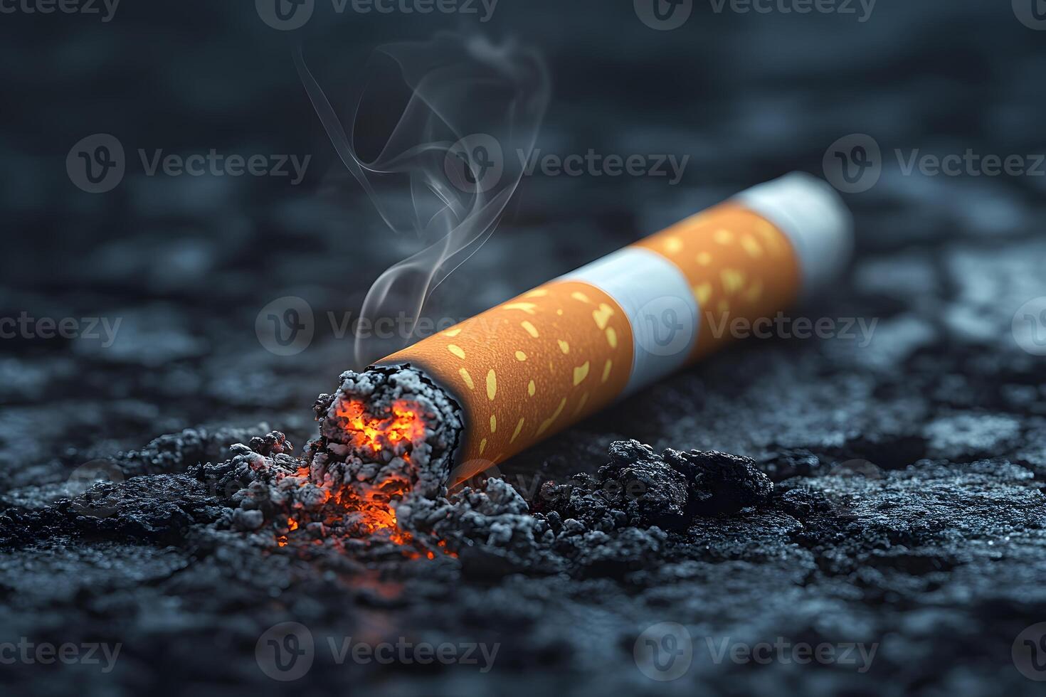 Burning Cigarette Butt on Asphalt Smoking and Littering Awareness Concept photo