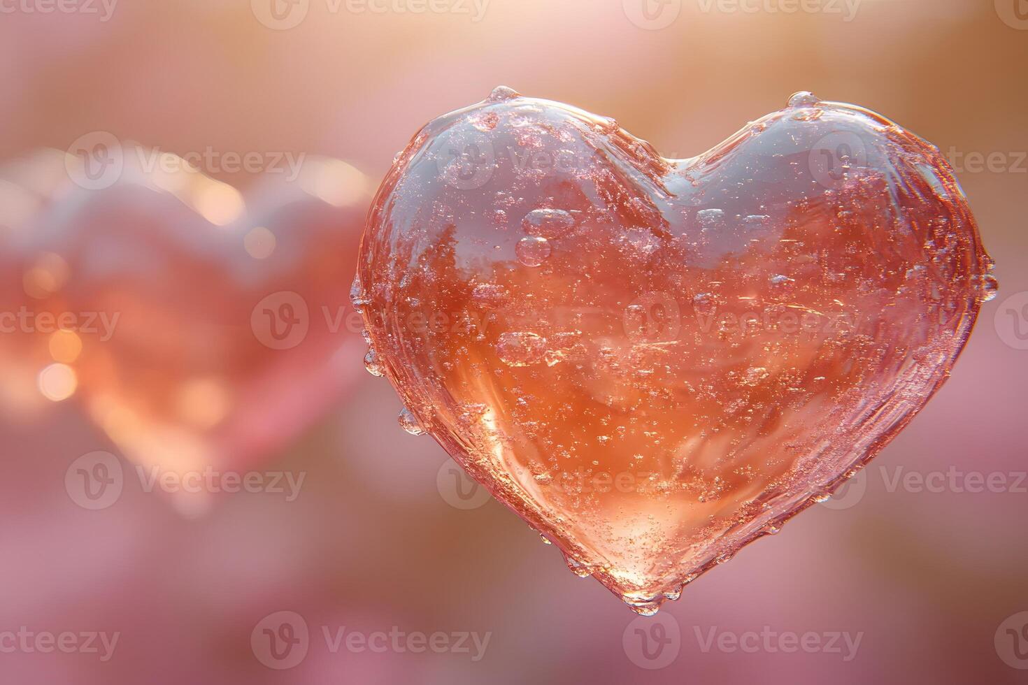Glowing Heart-Shaped Ice Sculptures with Dewdrops Reflecting Sunlight during Romantic Sunrise photo