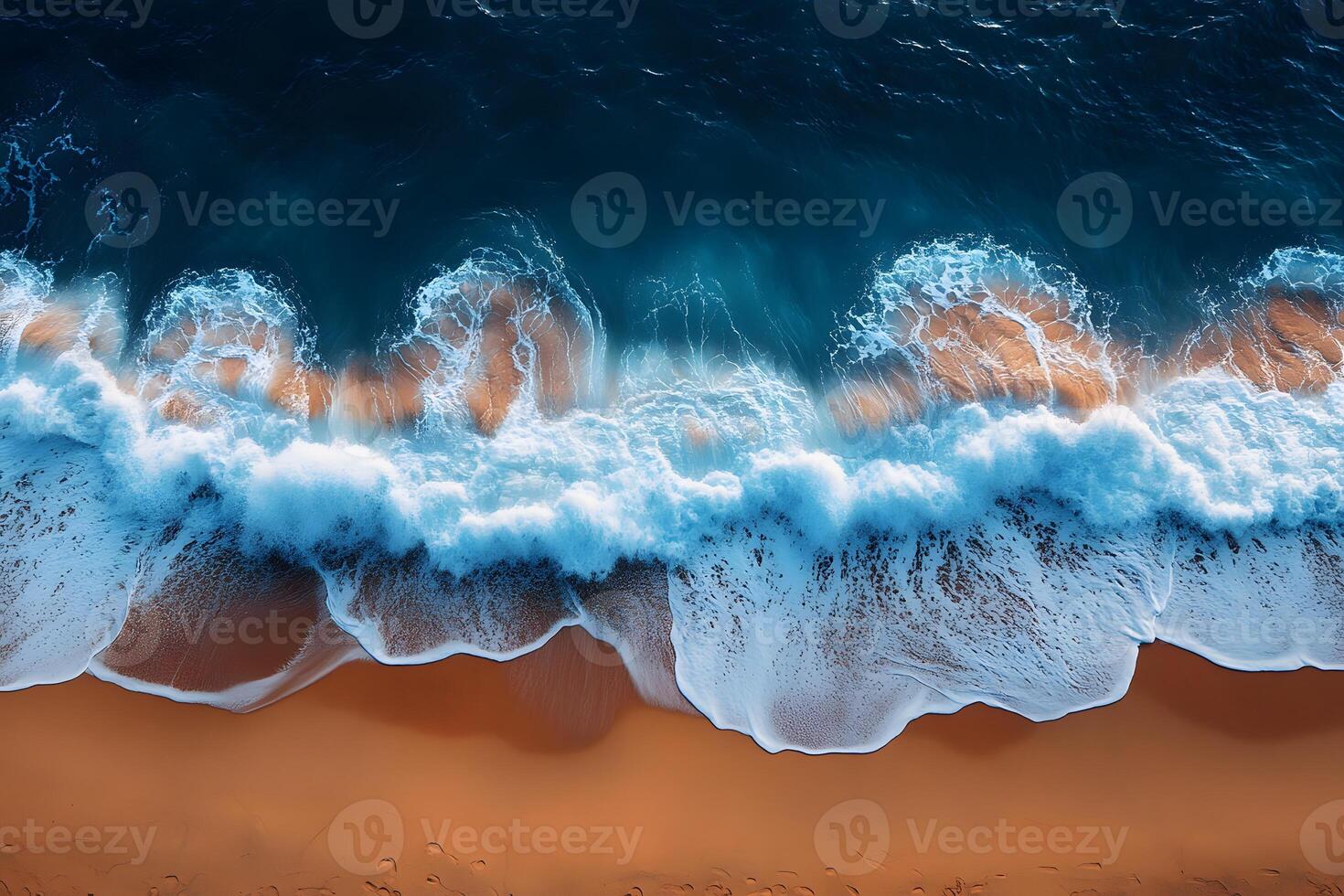 Breathtaking Aerial View of Waves Crashing on Sandy Beach - Coastal Serenity for Print or Digital Use photo