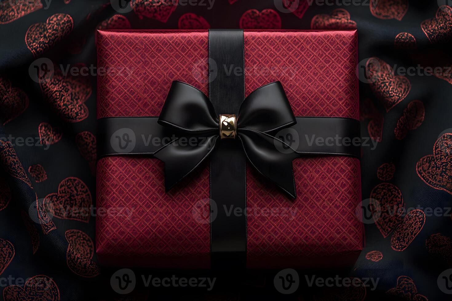 Elegant Gift Box with Black Bow on Romantic Heart-Patterned Fabric for Valentine's Day photo