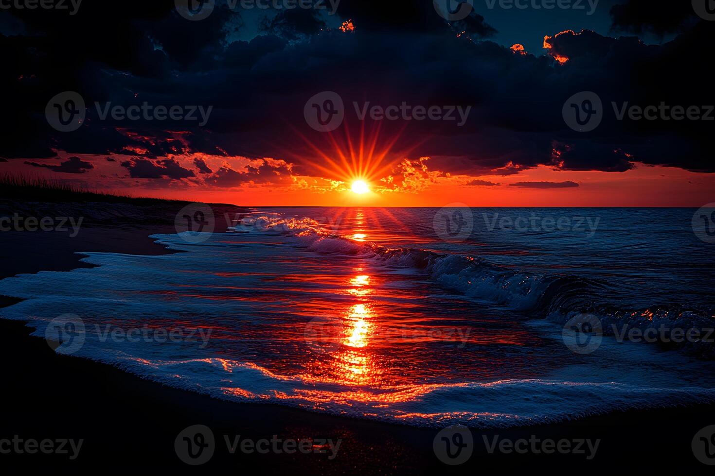 Dramatic Sunset Over Ocean Waves Nature's Spectacular Display for Inspirational Design photo