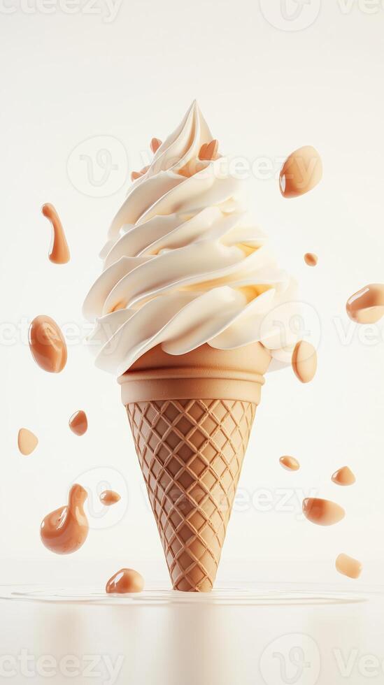 Delicious melting soft serve ice cream in a cone with caramel drops on white background photo