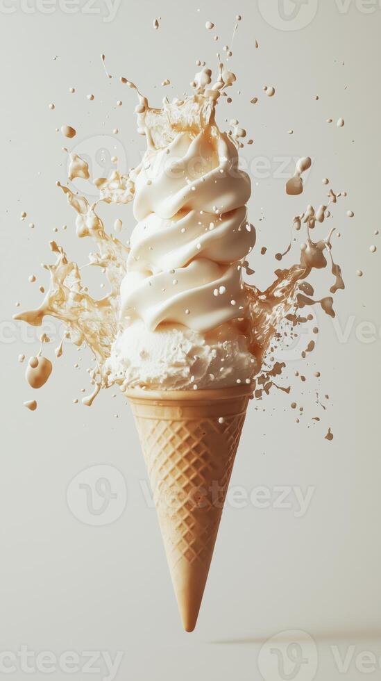 Dynamic splash of soft serve ice cream cone with creamy swirl and liquid burst photo