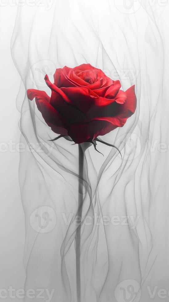 Elegant red rose with smoke effect against soft gray background photo