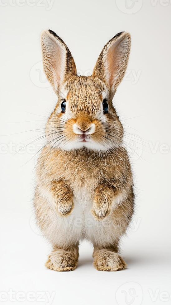 Standing rabbit with brown fur and big ears on neutral background photo