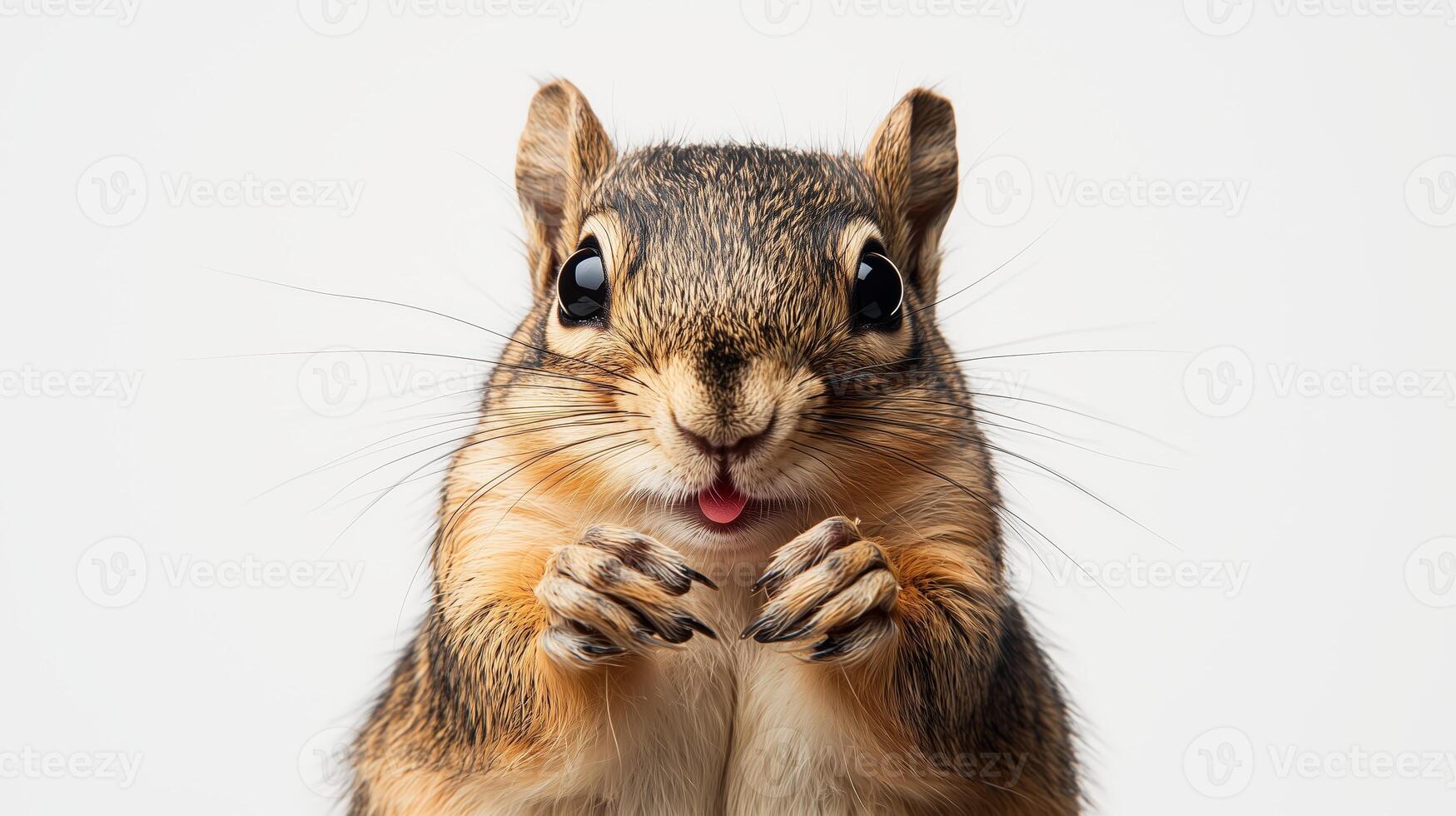 Close-up of a squirrel with tongue out on a white background photo