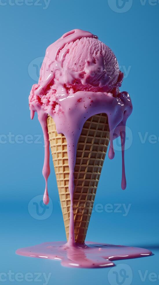 Melting pink ice cream cone with dripping syrup on a blue background photo