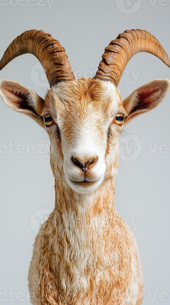 Portrait of a goat with prominent horns and textured fur against a neutral background photo