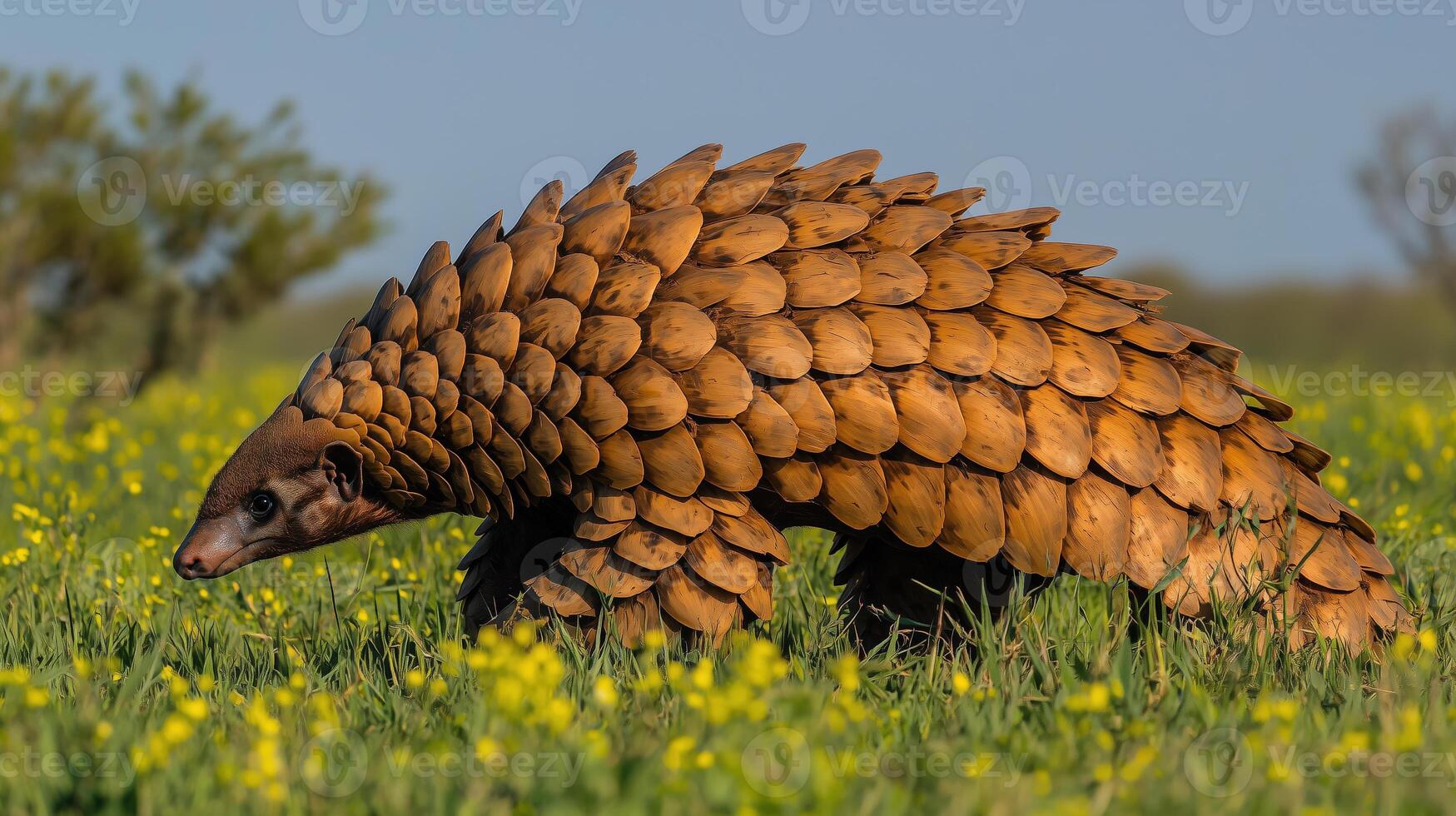 Pangolin walking in yellow flower field under clear blue sky photo