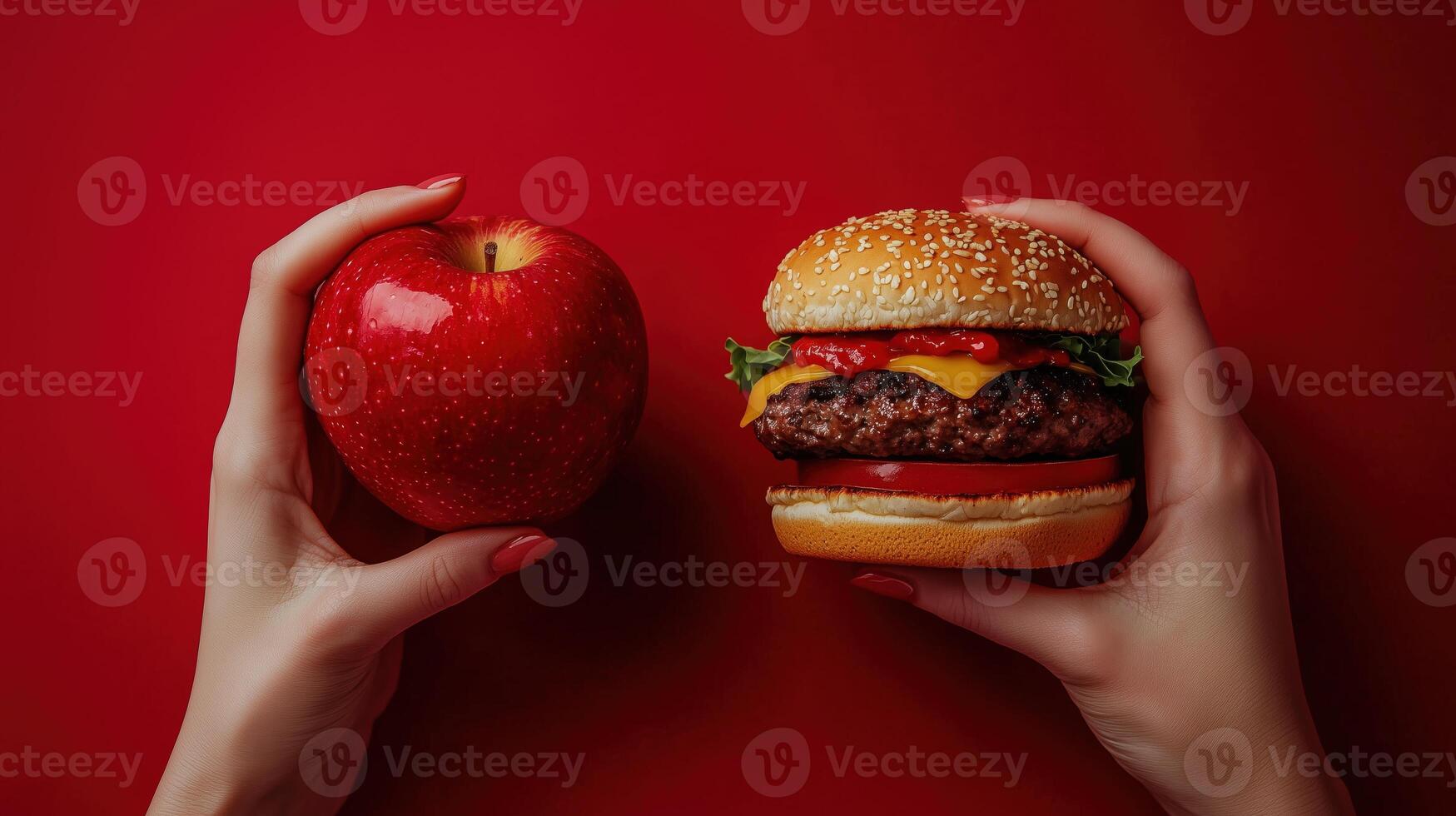 Healthy eating choices. Apple and cheeseburger on red background photo