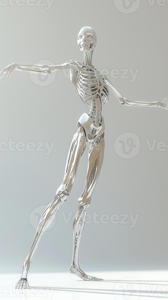 3d metallic human skeleton model in dynamic pose displayed on white background photo