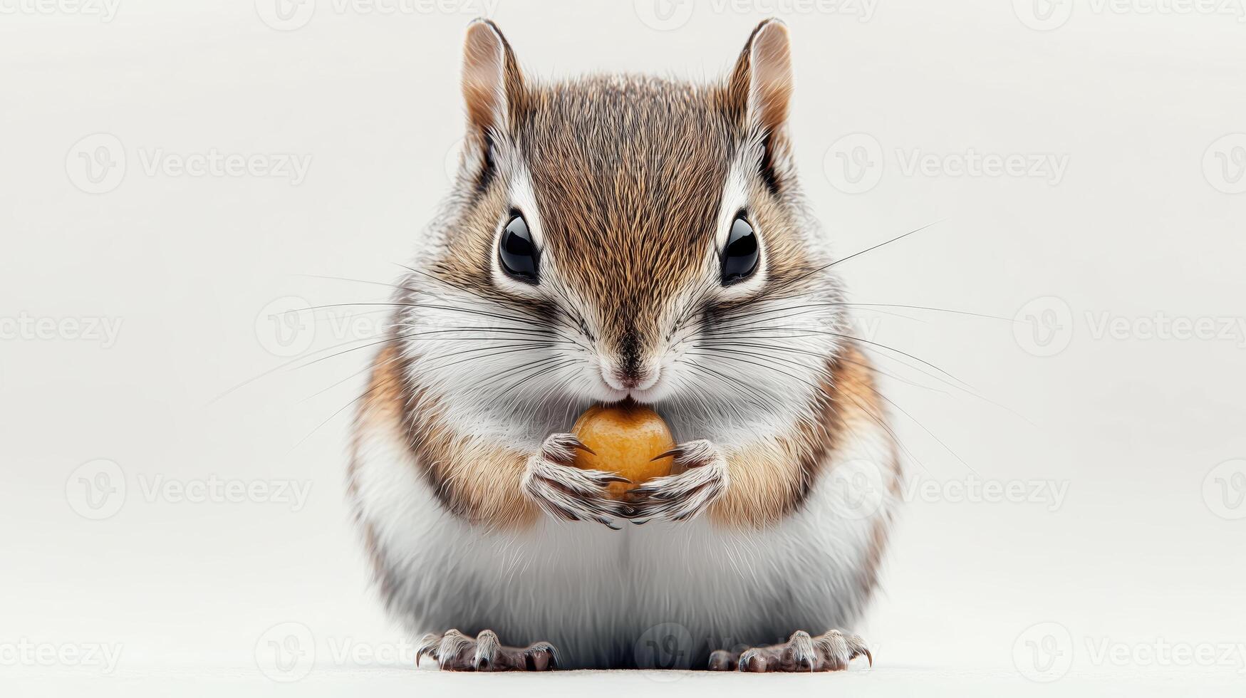 Close-up of a chipmunk holding an acorn on a white background photo