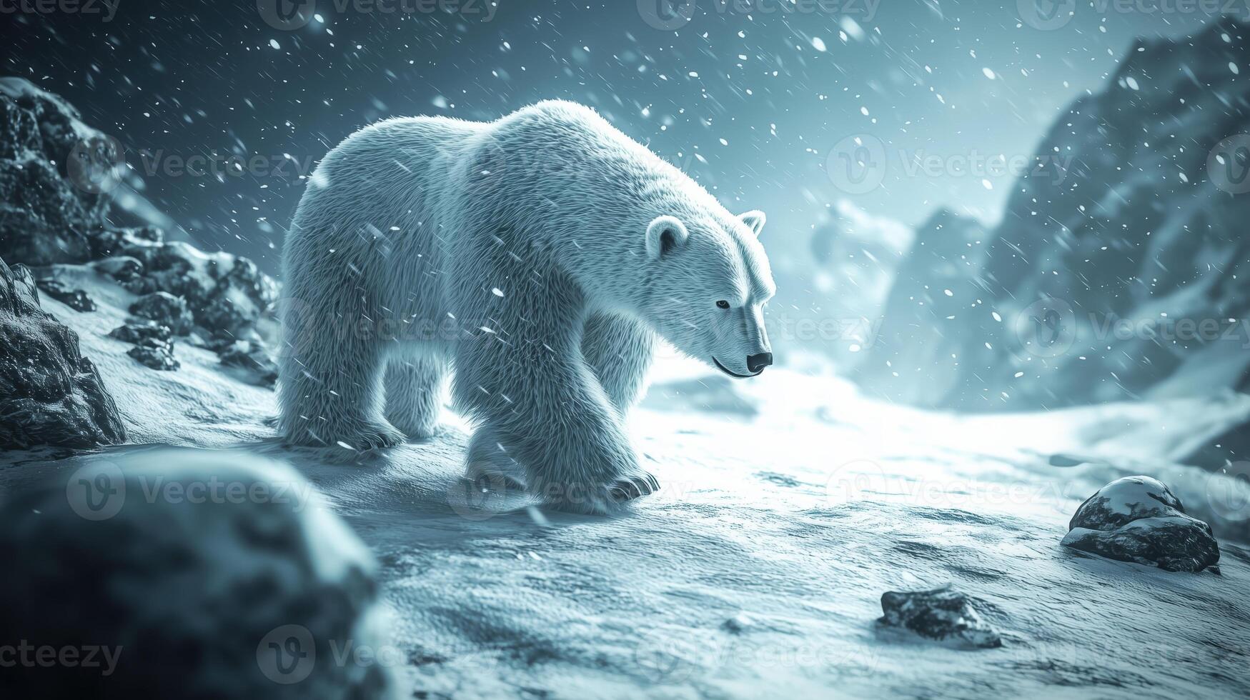 Polar bear walking through snowy landscape in winter with falling snow photo