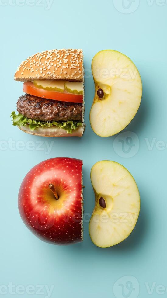 Creative food composition of burger and apple cut in half on blue background photo