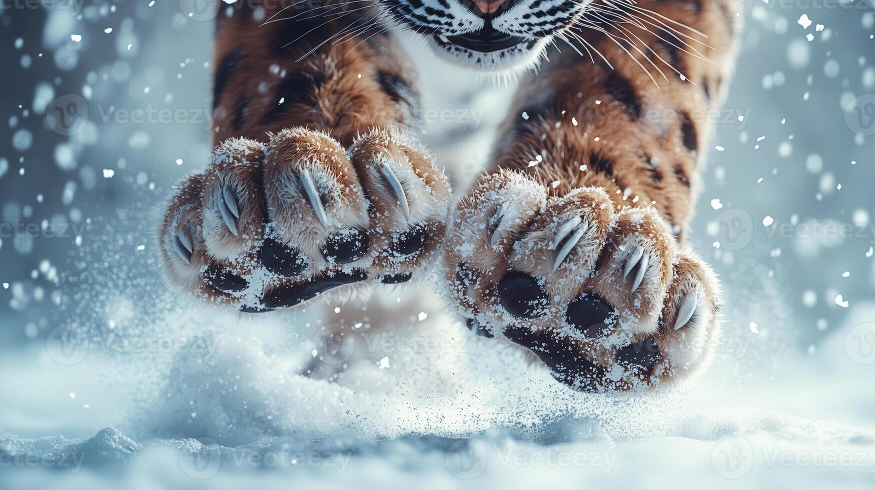 Close up of a snowy tiger paw print with snow flakes falling photo