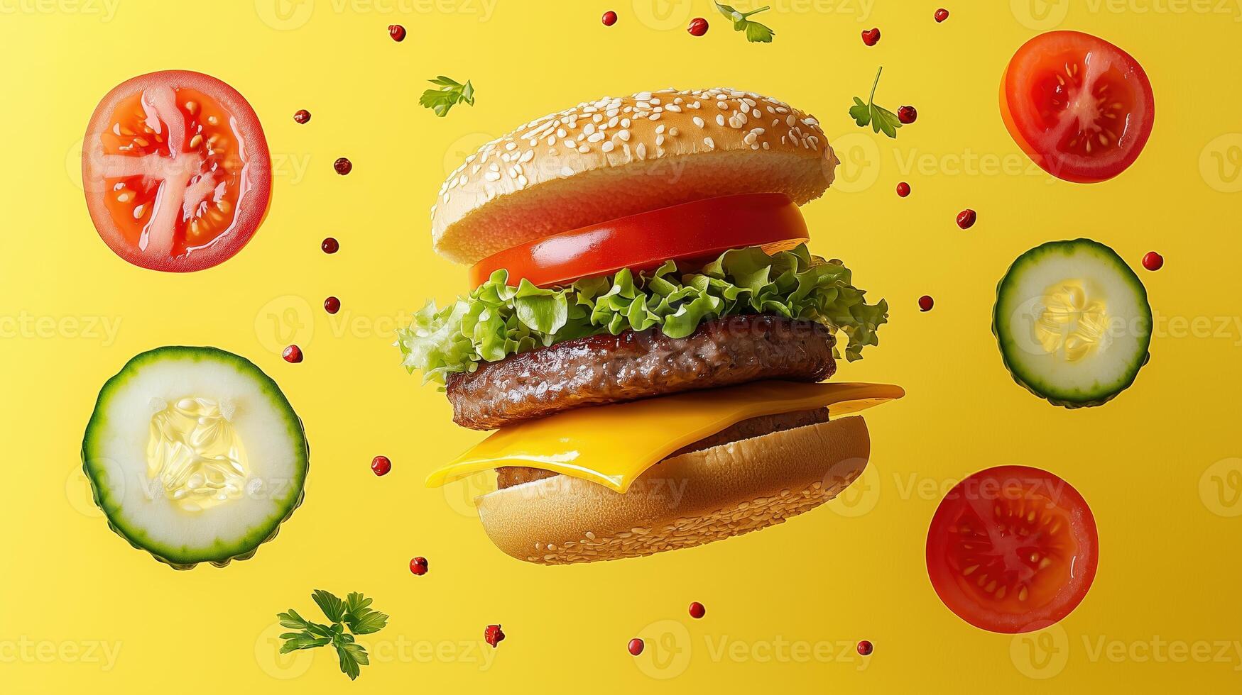 Delicious cheeseburger with fresh vegetables on vibrant yellow background photo
