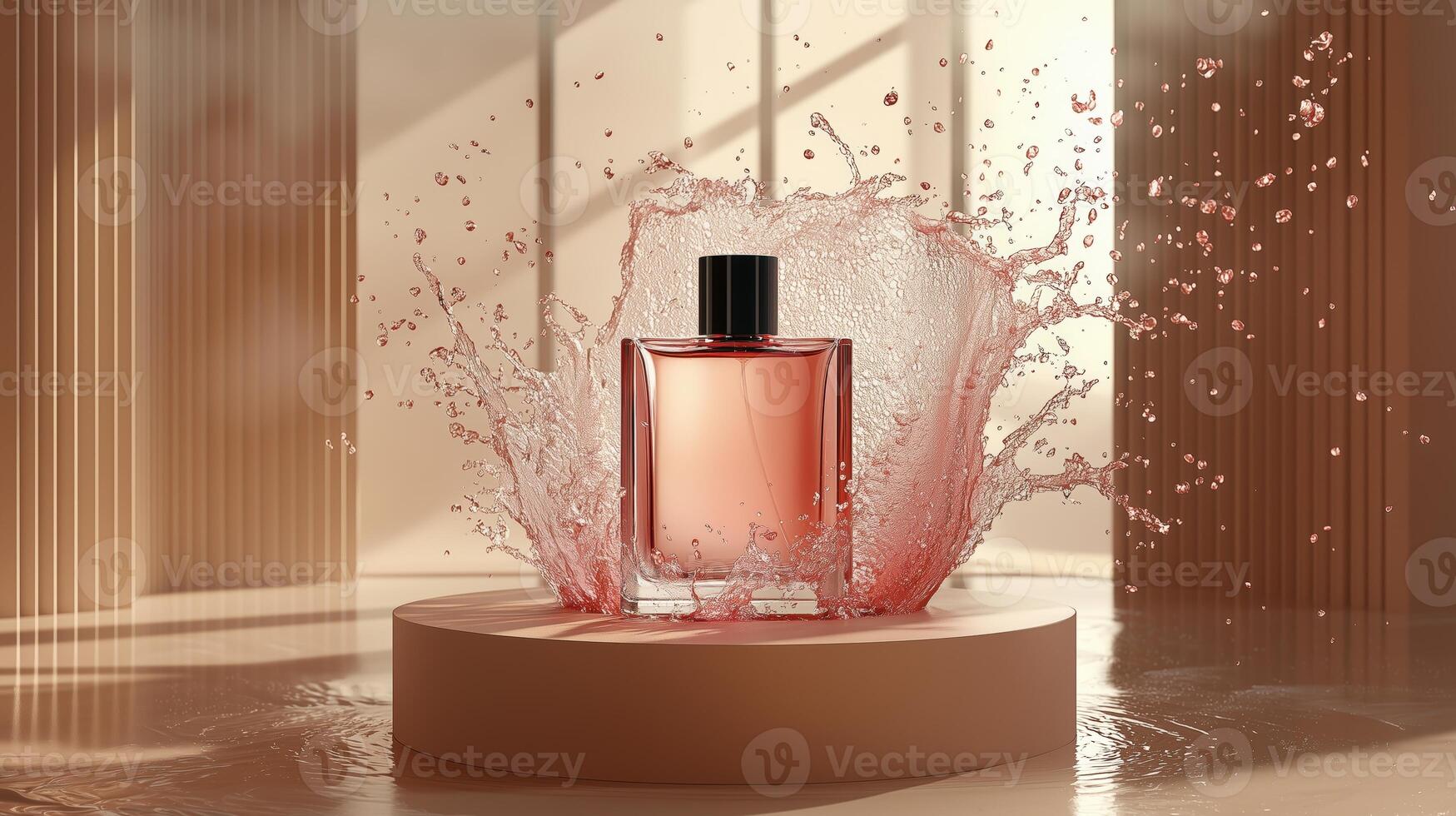 Elegant perfume bottle surrounded by splashes of water in a soft light setting photo