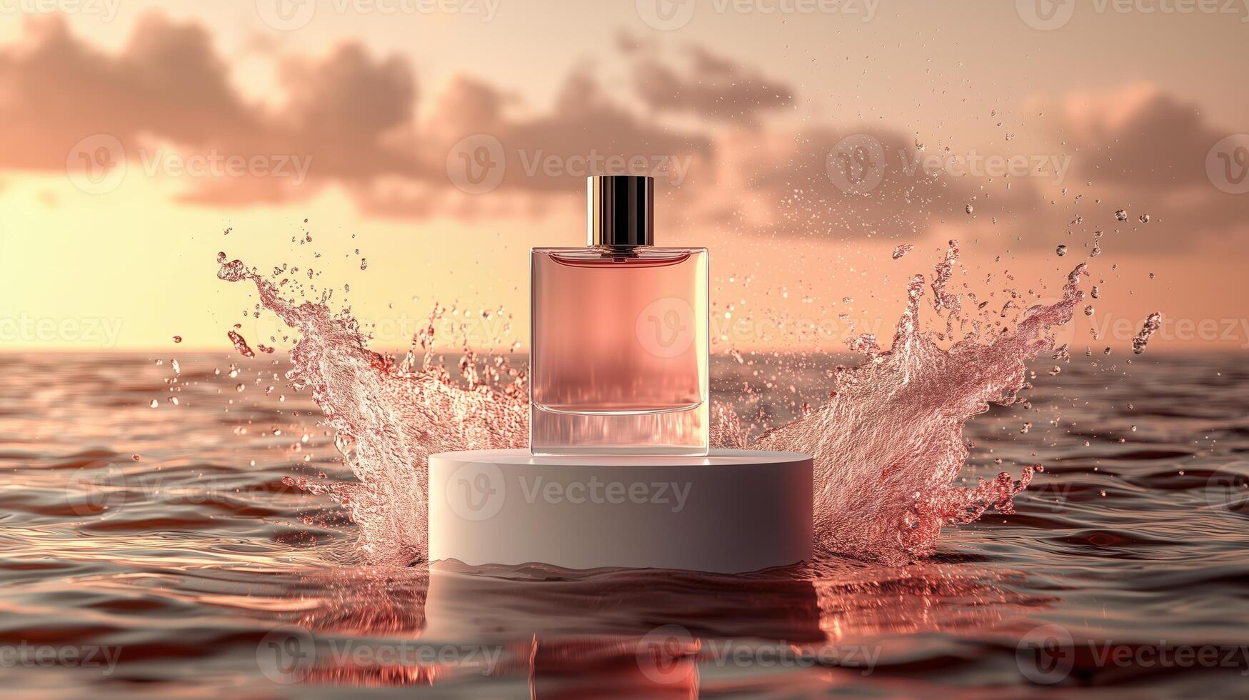 Perfume bottle with splashing water at sunset over calm ocean surface photo