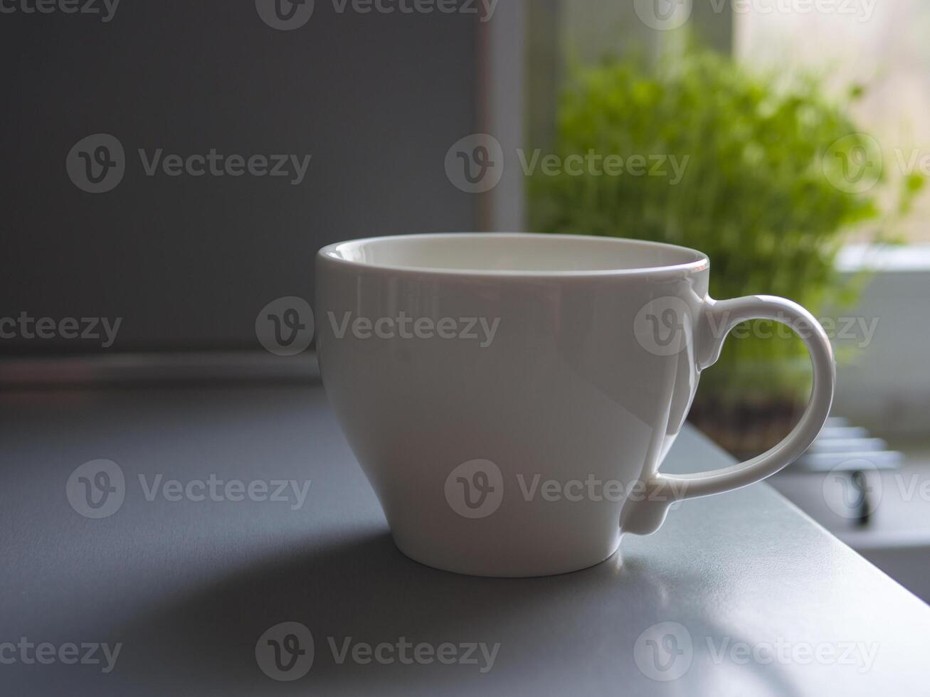 Large white mug resting on a gray kitchen counter, accompanied by a green plant in the background near a window, cultivating a cozy and refreshing atmosphere perfect for morning moments photo