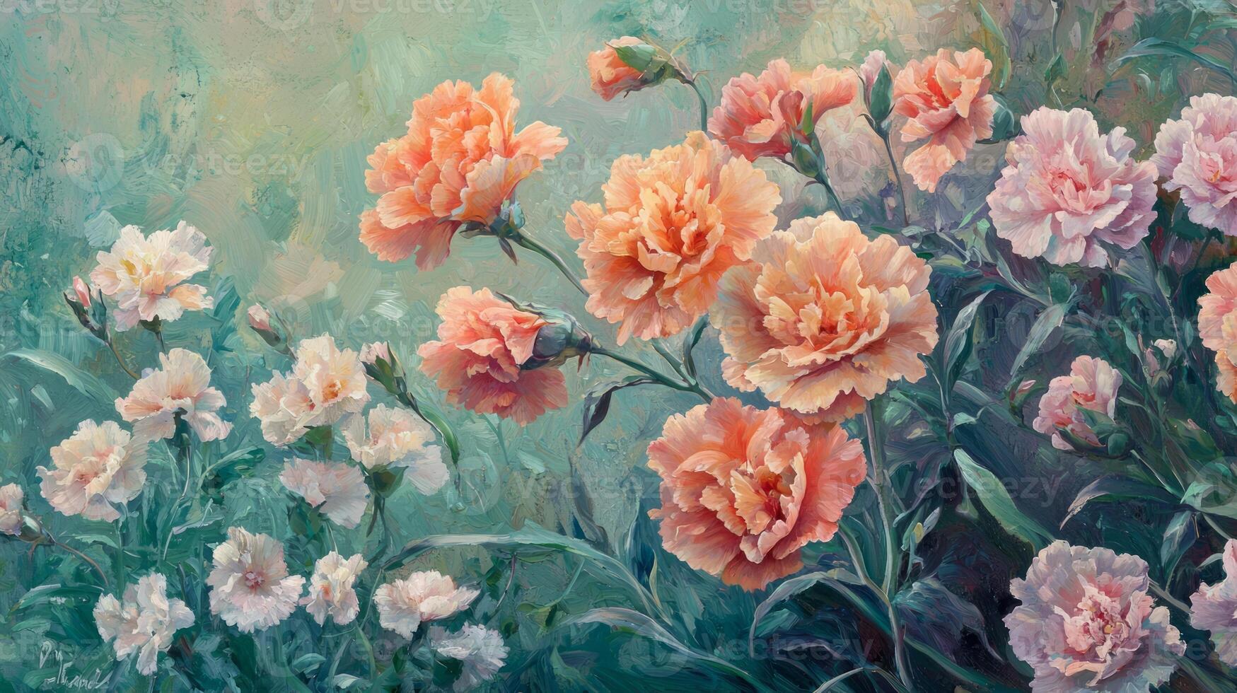 A painting of pink and orange flowers photo