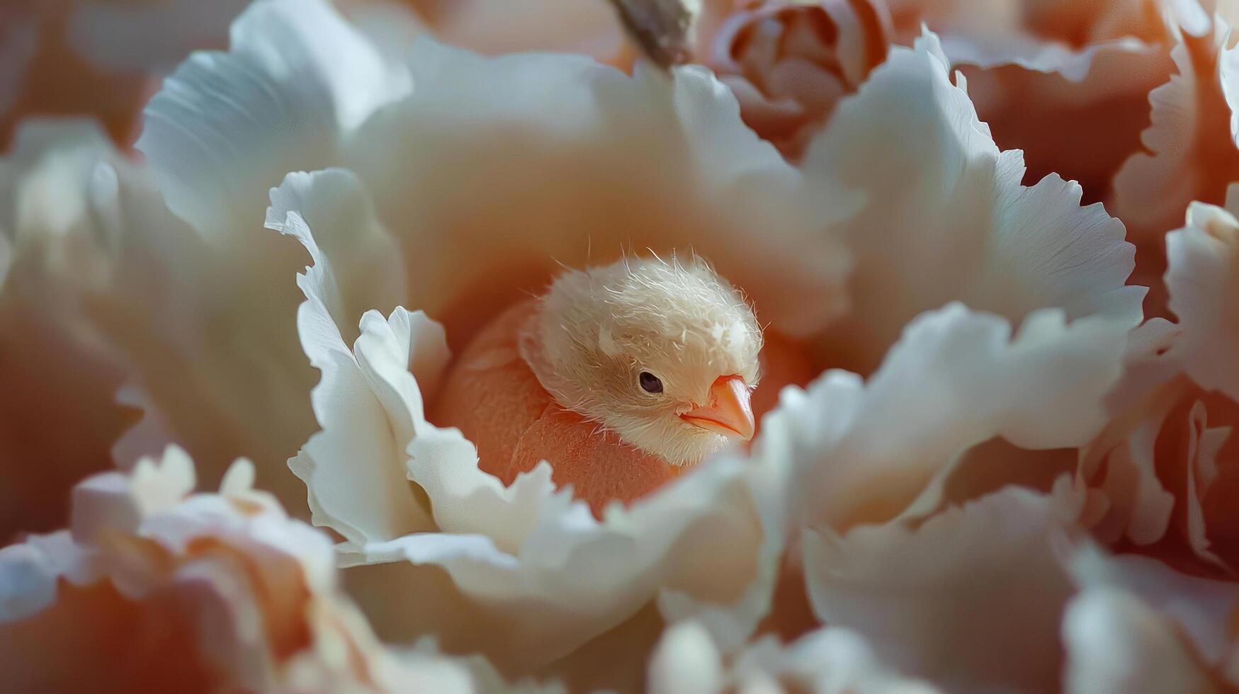 A baby bird is hidden in a flower photo