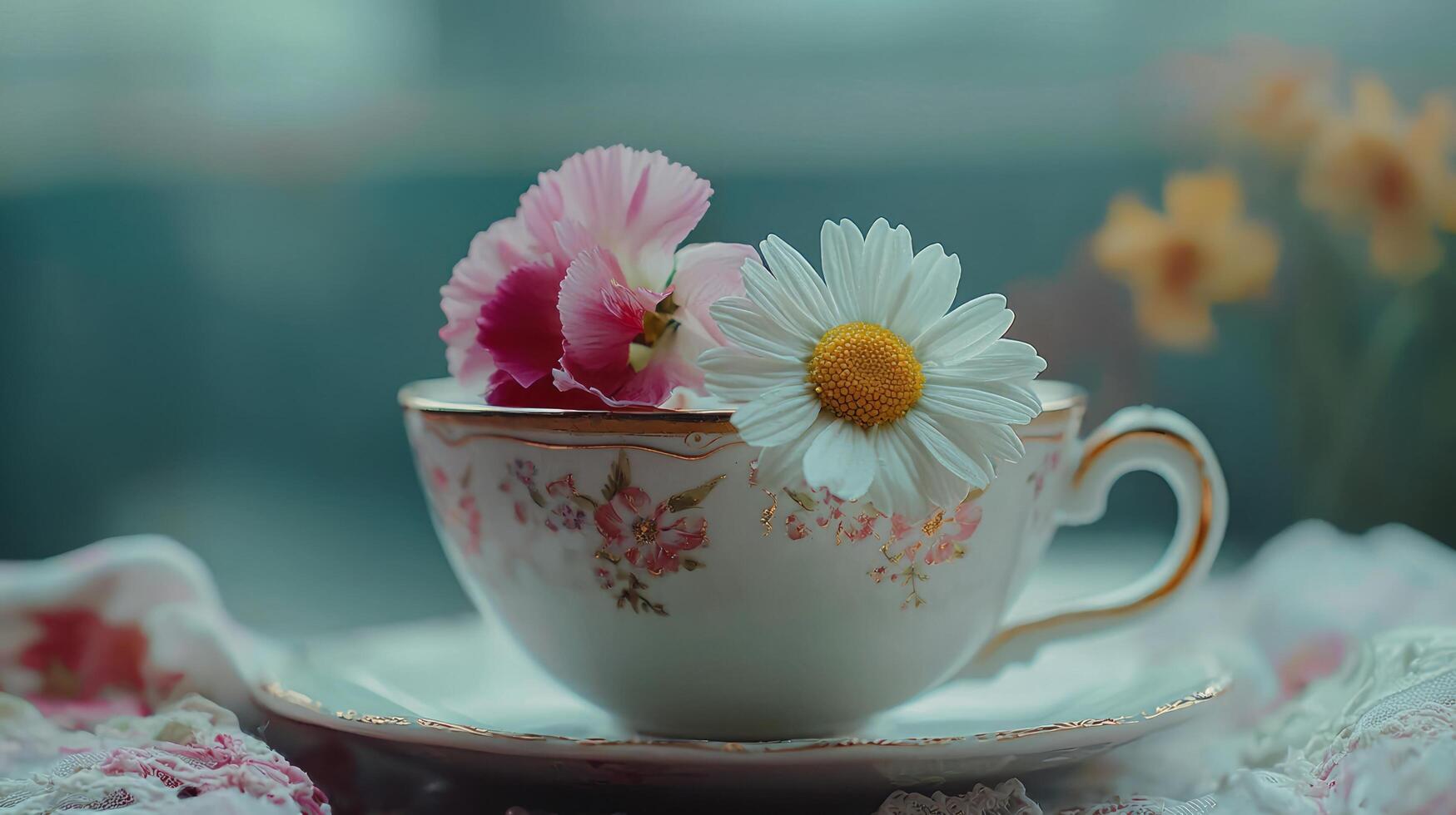 A cup with flowers in it on a table photo