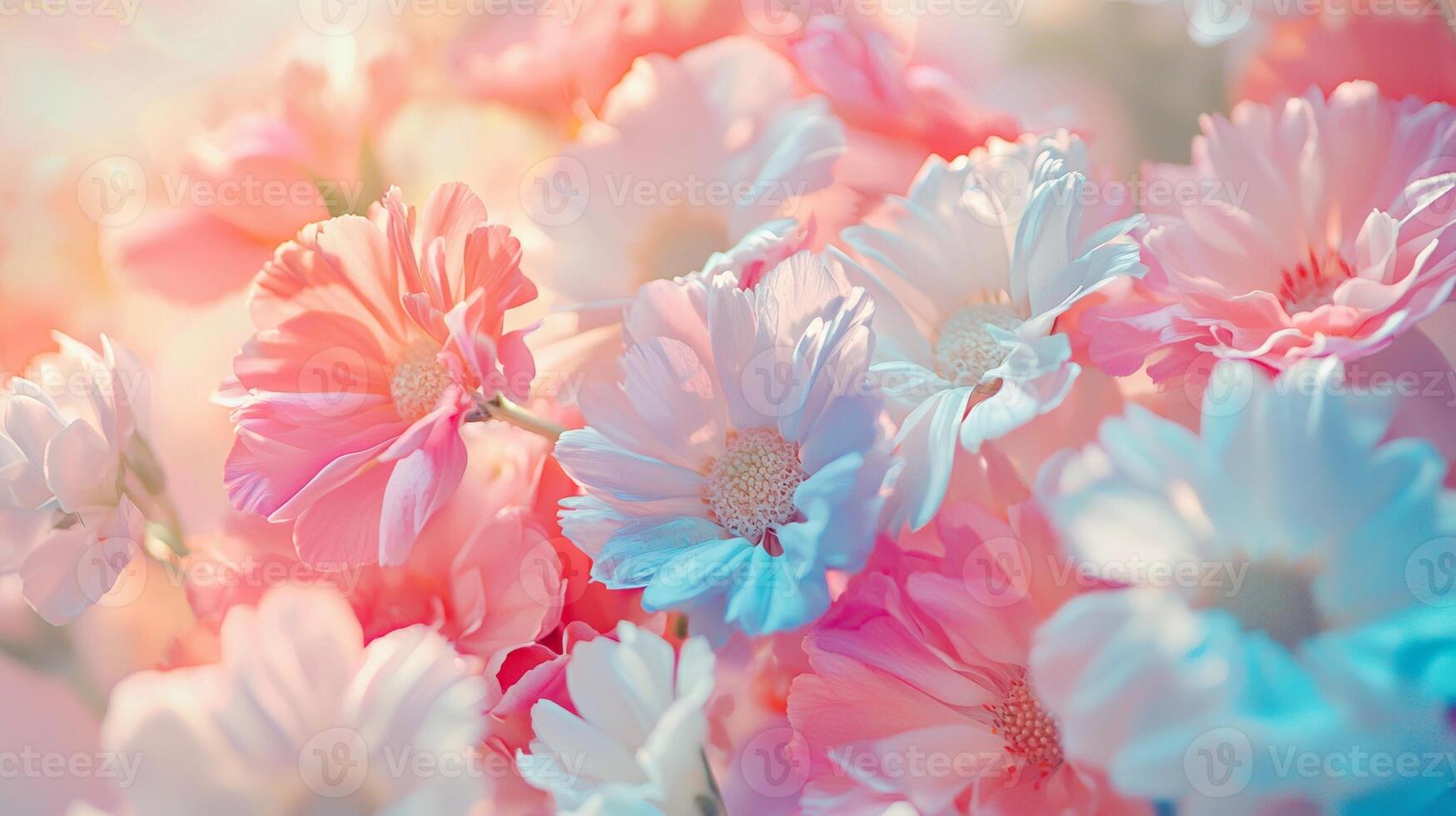 A bunch of pink and blue flowers photo