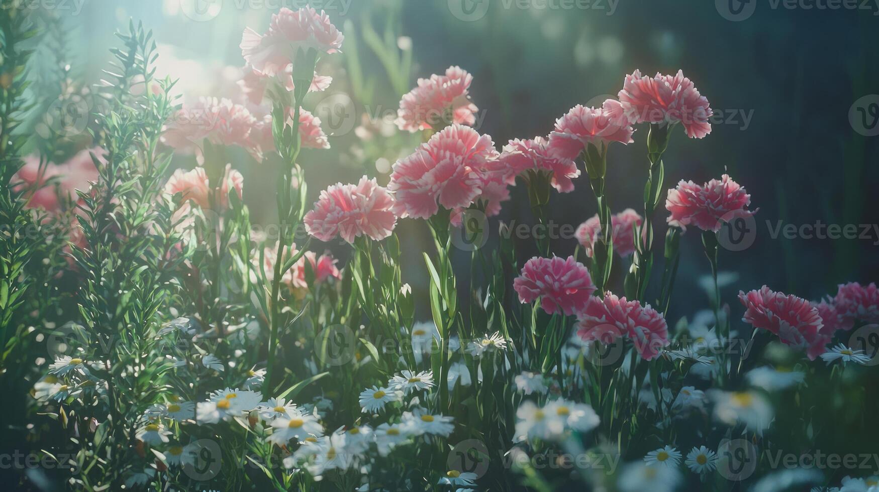 Pink flowers in the sun with green grass photo