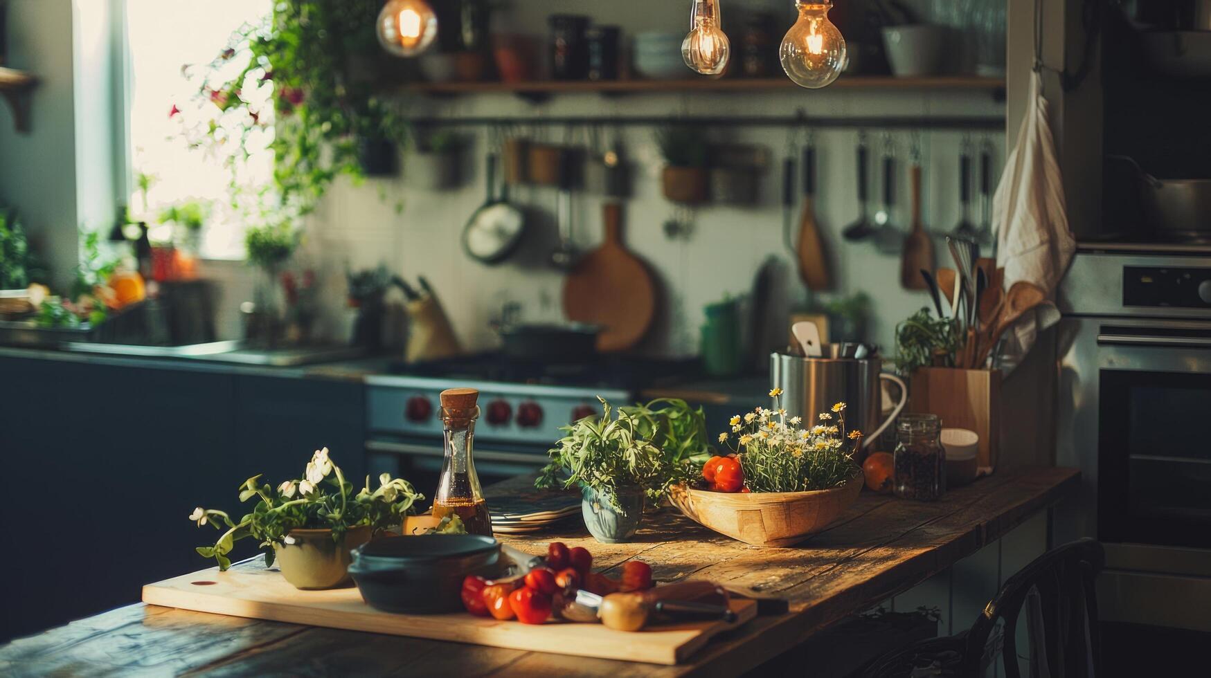 A kitchen with a table with a variety of vegetables and herbs photo
