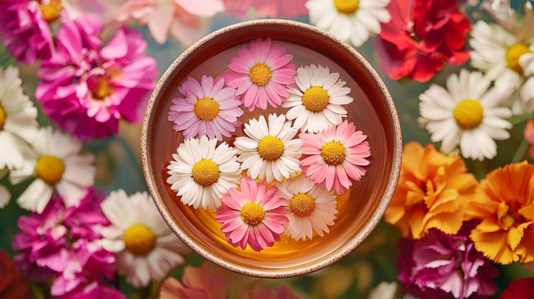 A bowl filled with flowers and water photo