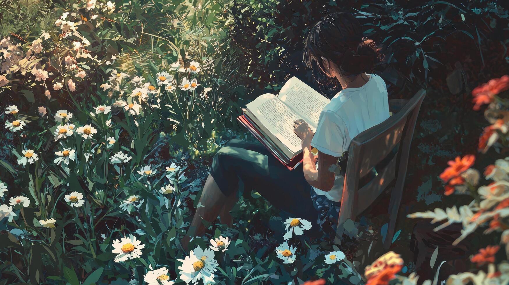 A woman reading a book in a field of flowers photo