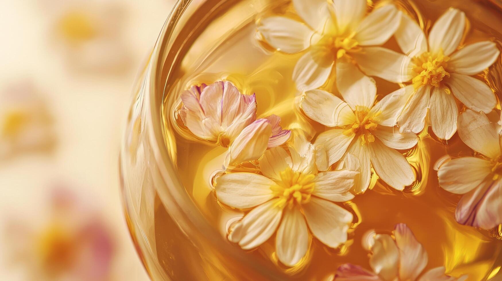 A glass of honey with flowers in it photo