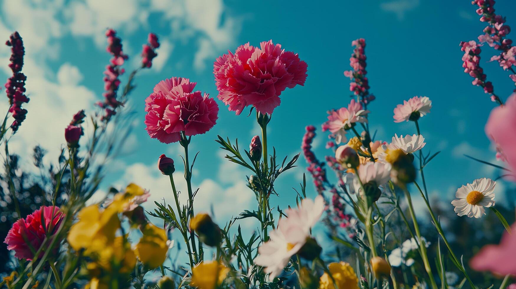 Pink flowers and blue sky in a field photo