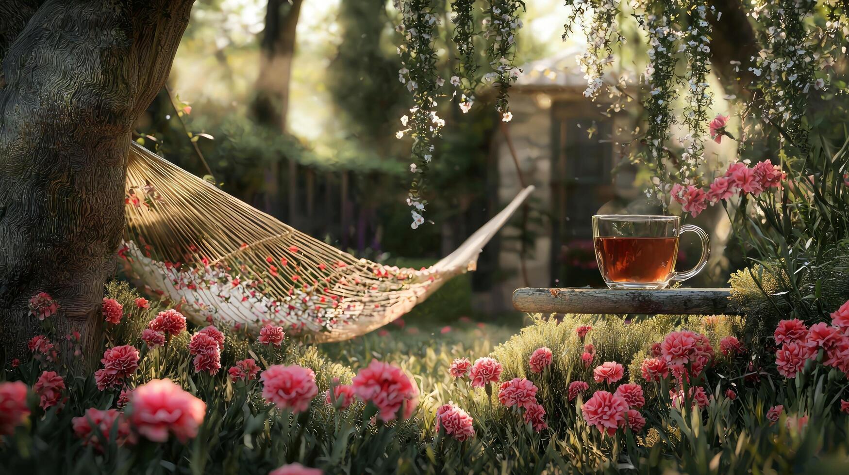 A hammock and a cup of tea in a garden photo