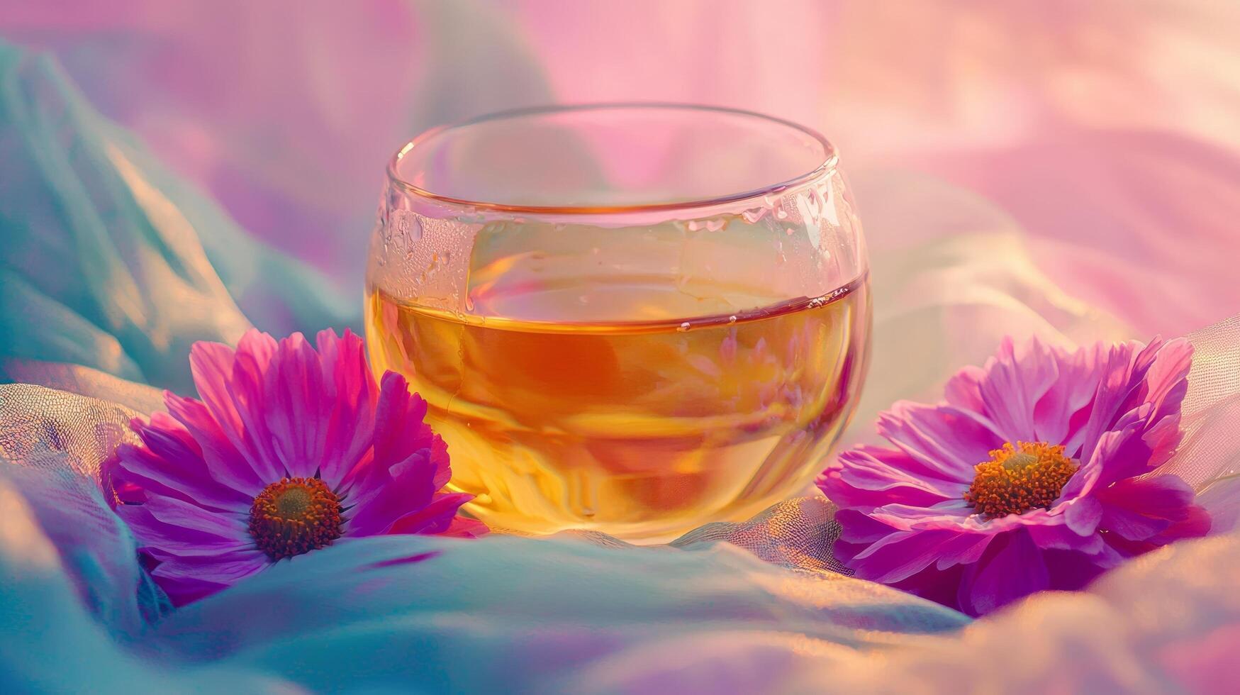 A glass of tea with flowers on a bed photo