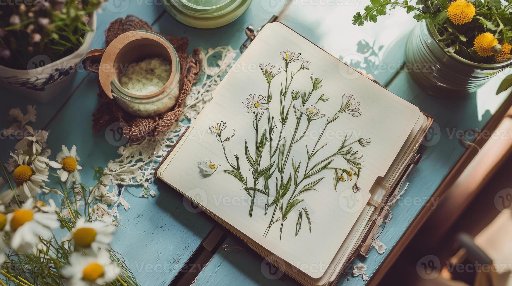 A notebook with flowers and herbs on a table photo