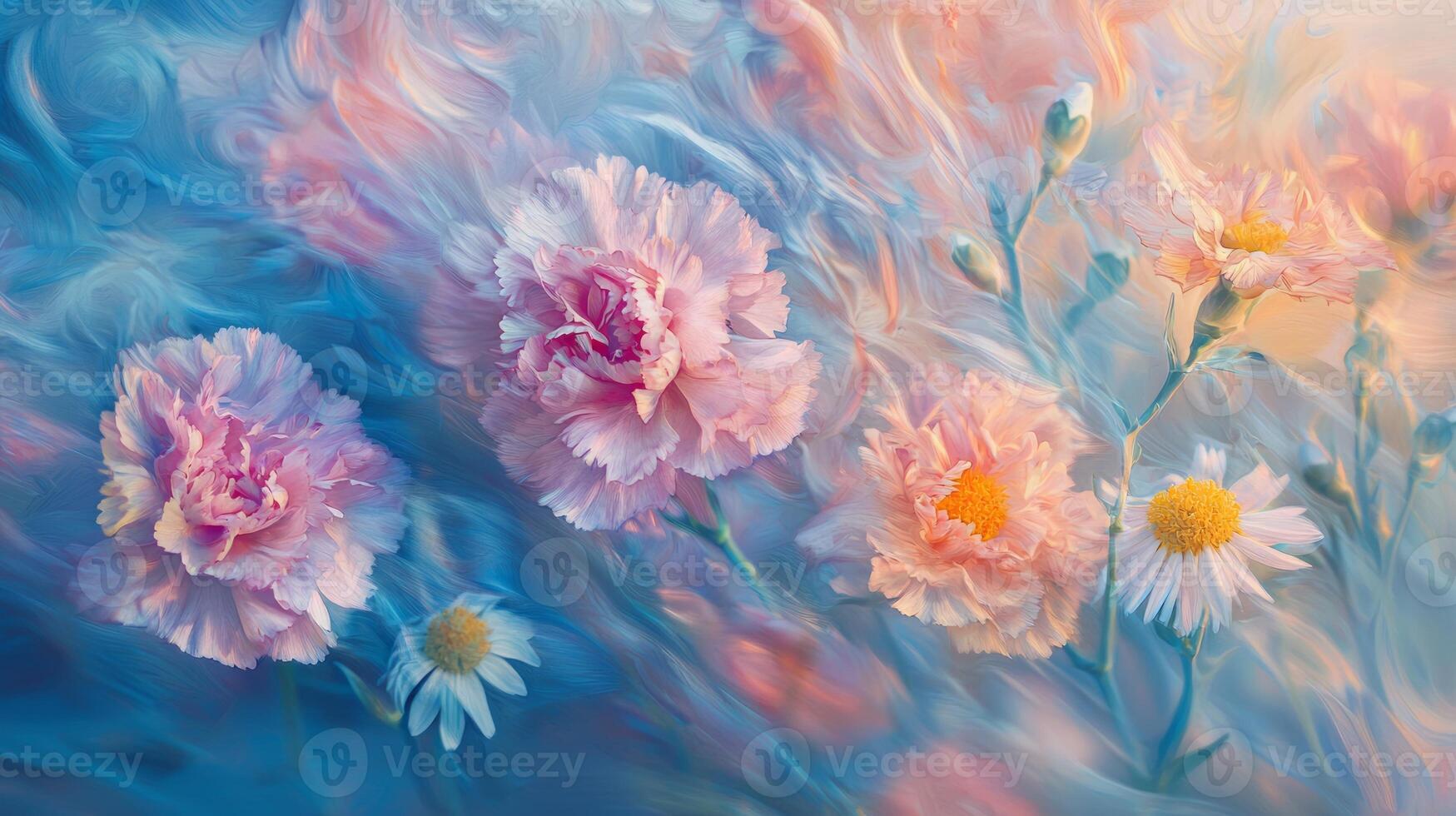 A painting of flowers in a field with blue and pink colors photo