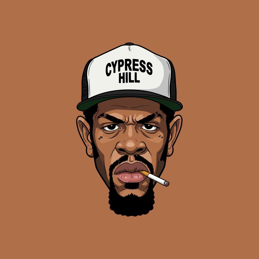 A illustration of a man's face, wearing a Cypress Hill cap and holding a cigarette. vector