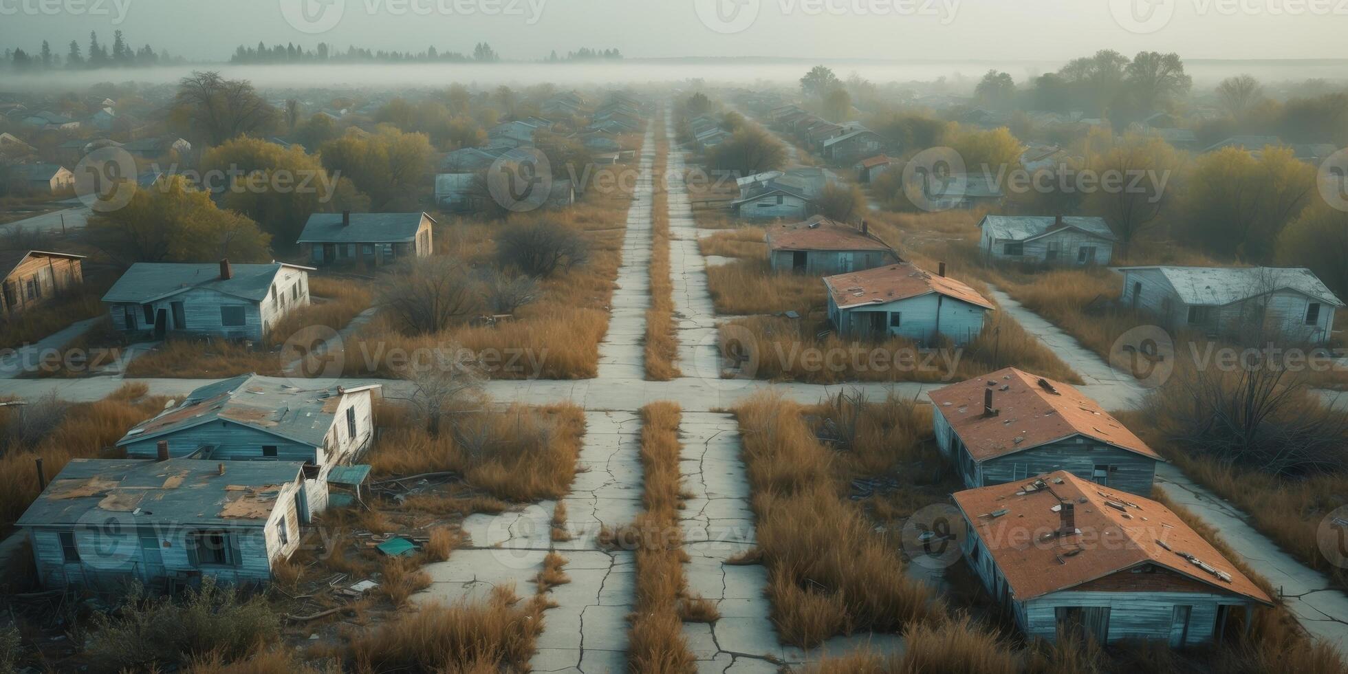 An aerial view of abandoned houses in the middle of a field photo