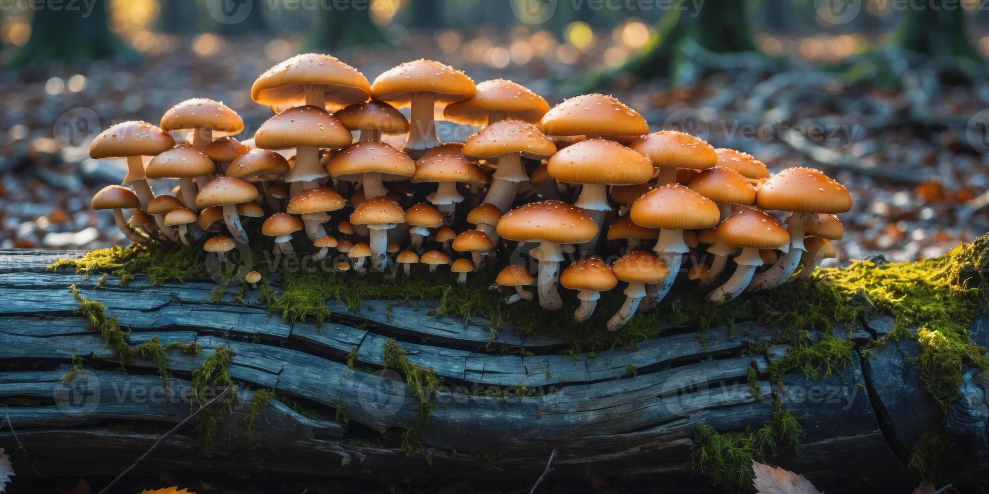 A group of mushrooms are sitting on a log photo