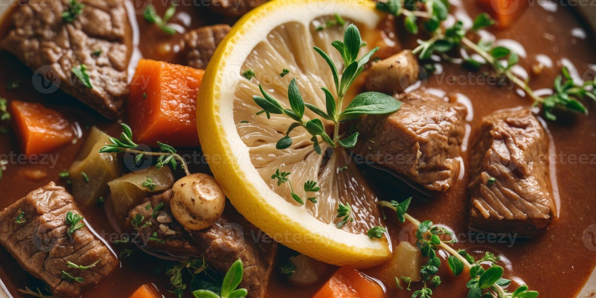 A bowl of beef stew with a lemon wedge photo