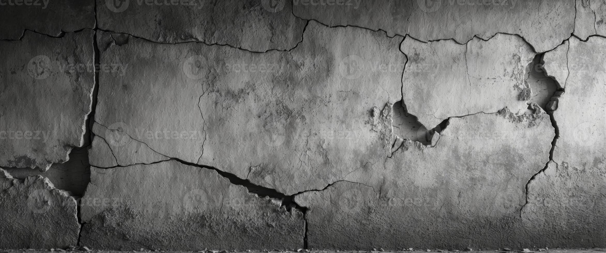 Wall with visible cracks and damage showcasing signs of wear and aging in a structure photo
