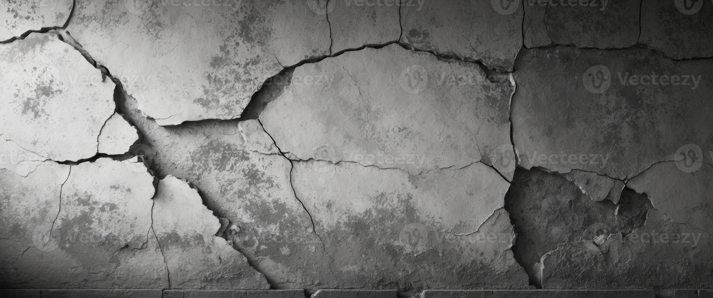 Wall with visible cracks and damage showcasing signs of wear and aging in a structure. photo