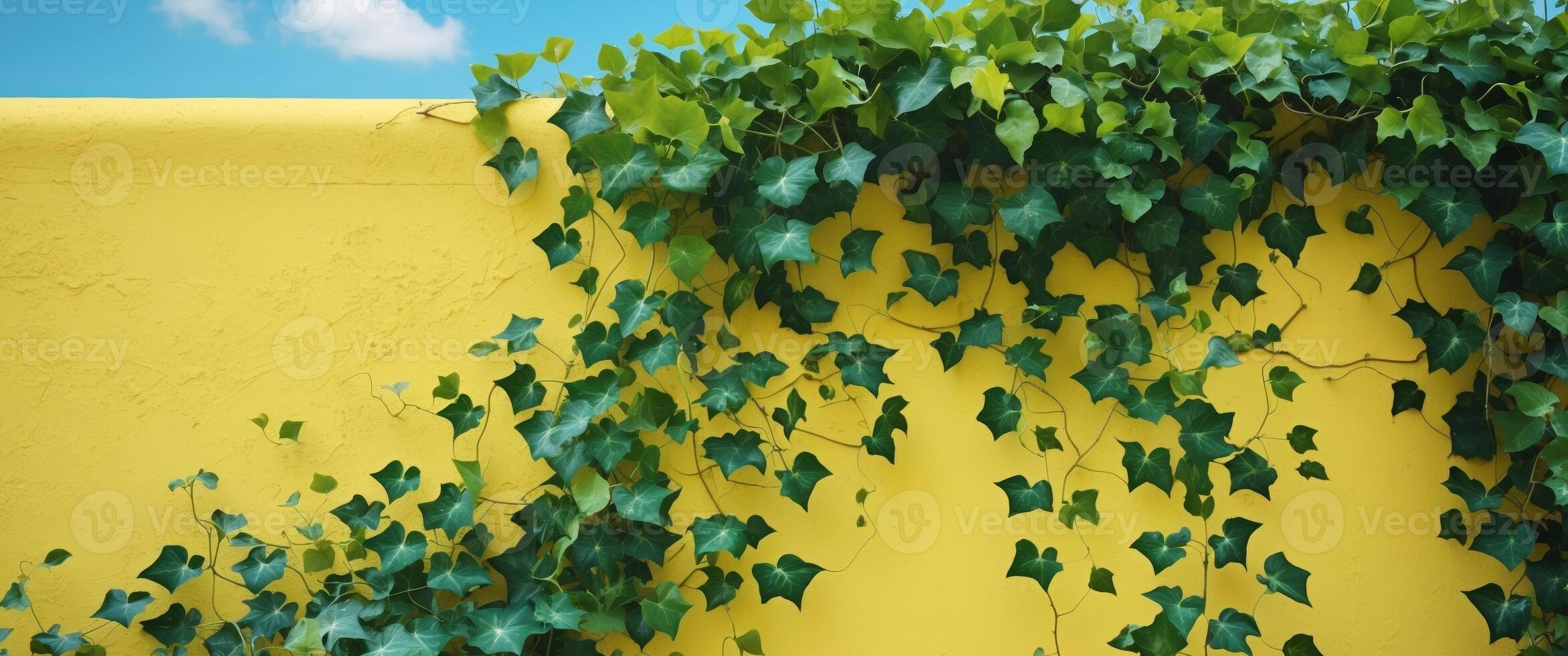 Bright yellow wall adorned with lush green ivy creating a vibrant contrast in an outdoor setting. photo