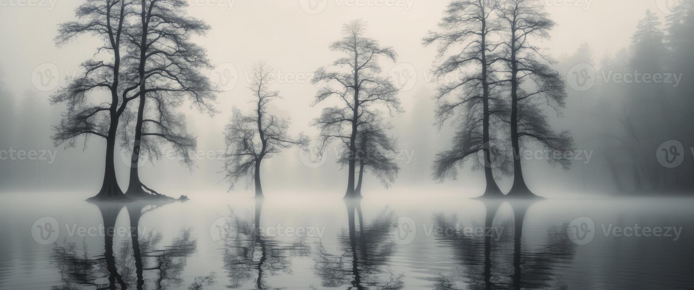 Reflections of trees in still water showcasing halftone texture and distorted shapes photo