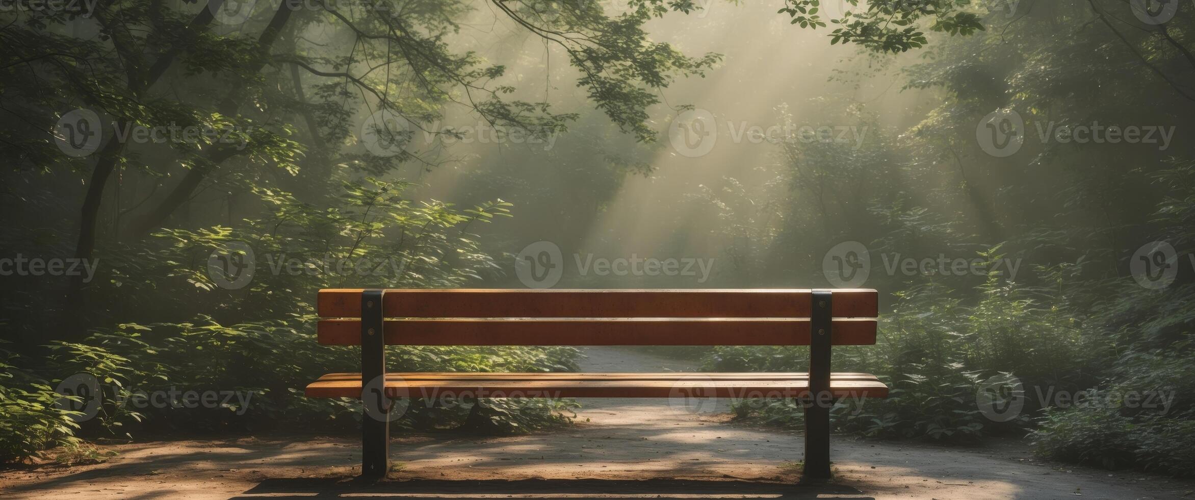 Tranquil Wooden Park Bench Surrounded by Lush Greenery - Peaceful Nature Retreat in Urban Setting photo